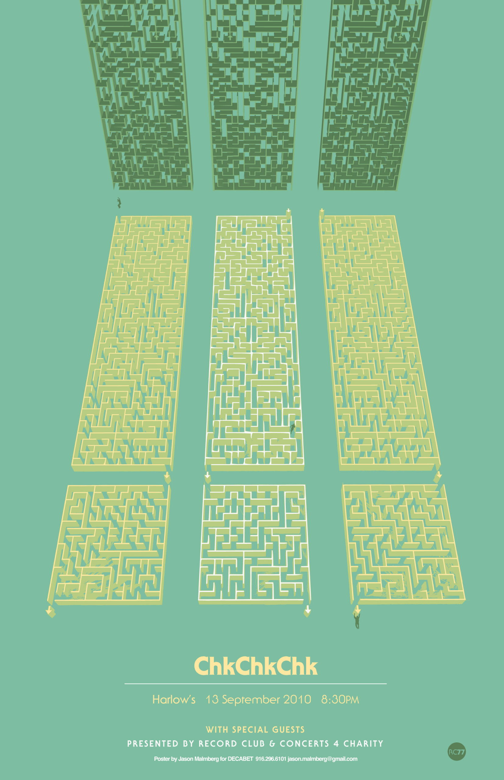 ChkChkChk (!!!) gig poster for Harlow's Sacramento, 2010, featuring three maze towers shaped like the band's exclamation-point logo, designed by Decabet for Concerts 4 Charity